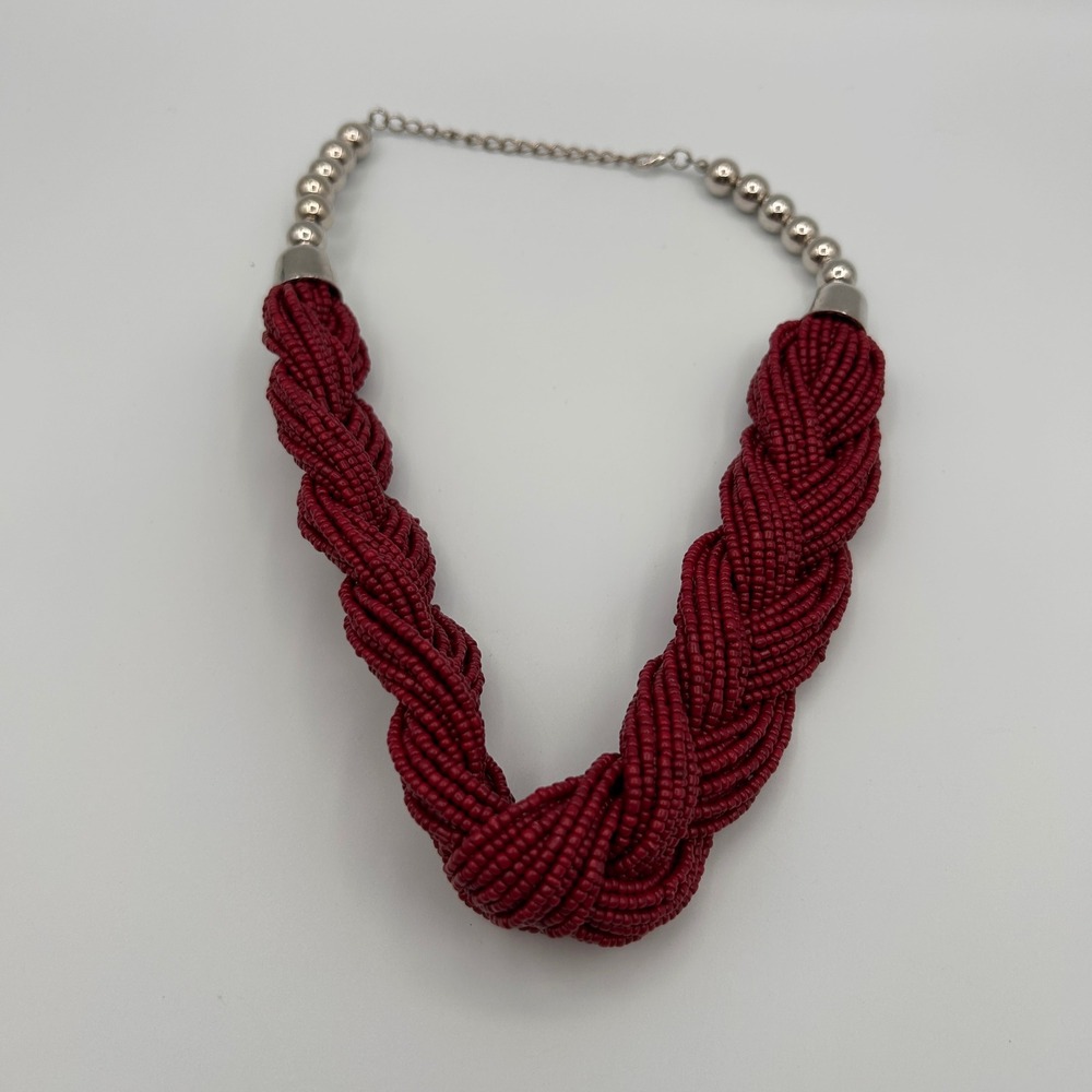 Chunky Red‎ Braided Seed Bead Statement Necklace Silver Tone Ball Bead Accent - Picture 3 of 7
